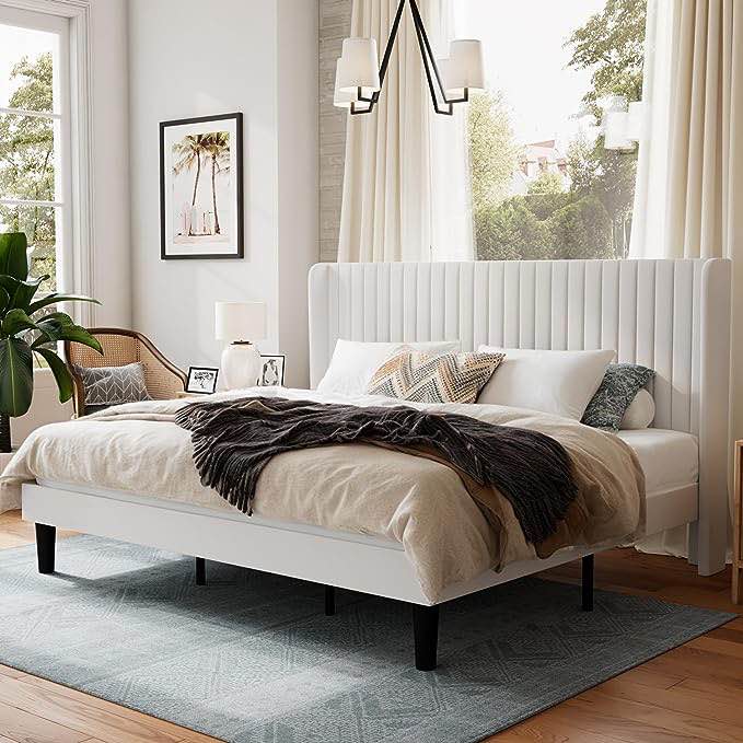 King Size Velvet Bed Frame with Vertical Channel Tufted Wingback Headboard, Upholstered Platform Bed (Incomplete box 1 of 2)