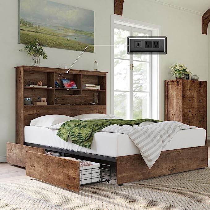 AMERLIFE Queen Size Bed Frame Wooden Platform Bed with 51.2" Storage Bookcase Headboard, 4 Storage Drawers & Charging Station/No Box Spring Needed/Noise Free/Rustic Brown(Incomplete)