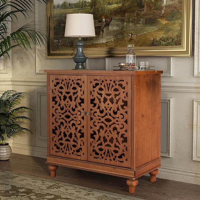 PHI VILLA Accent Cabinet with Doors White Flower Hollow-Carved Cabinet Farmhouse Rustic Cabinet Credenza Buffet Cabinet for Entryway Living Room Storage Cabinet(similar to stock)