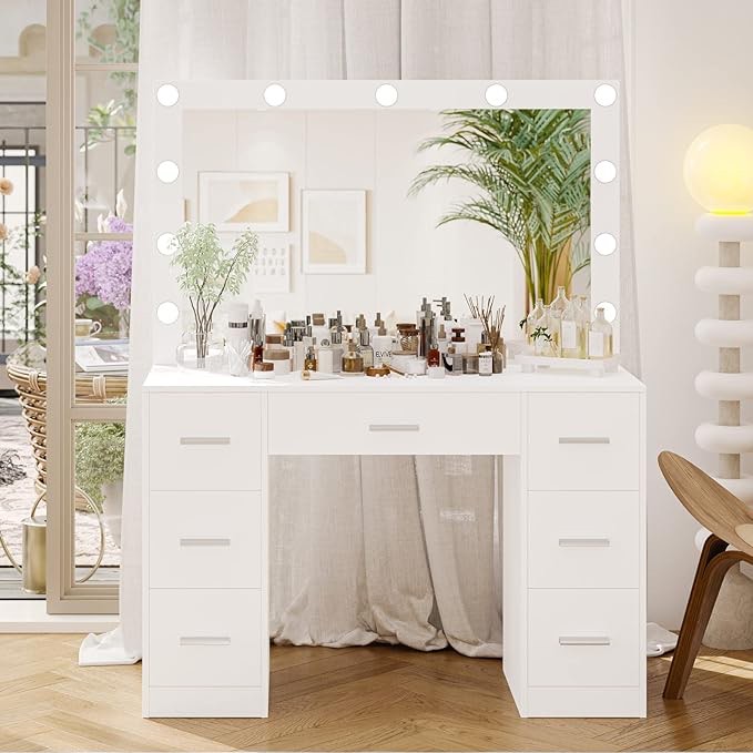 Irontar Vanity Table, Makeup Table with Lighted Mirror, 3 Color Lighting Modes, Brightness Adjustable, Dressing Table with Drawers (Incomplete Box 1)