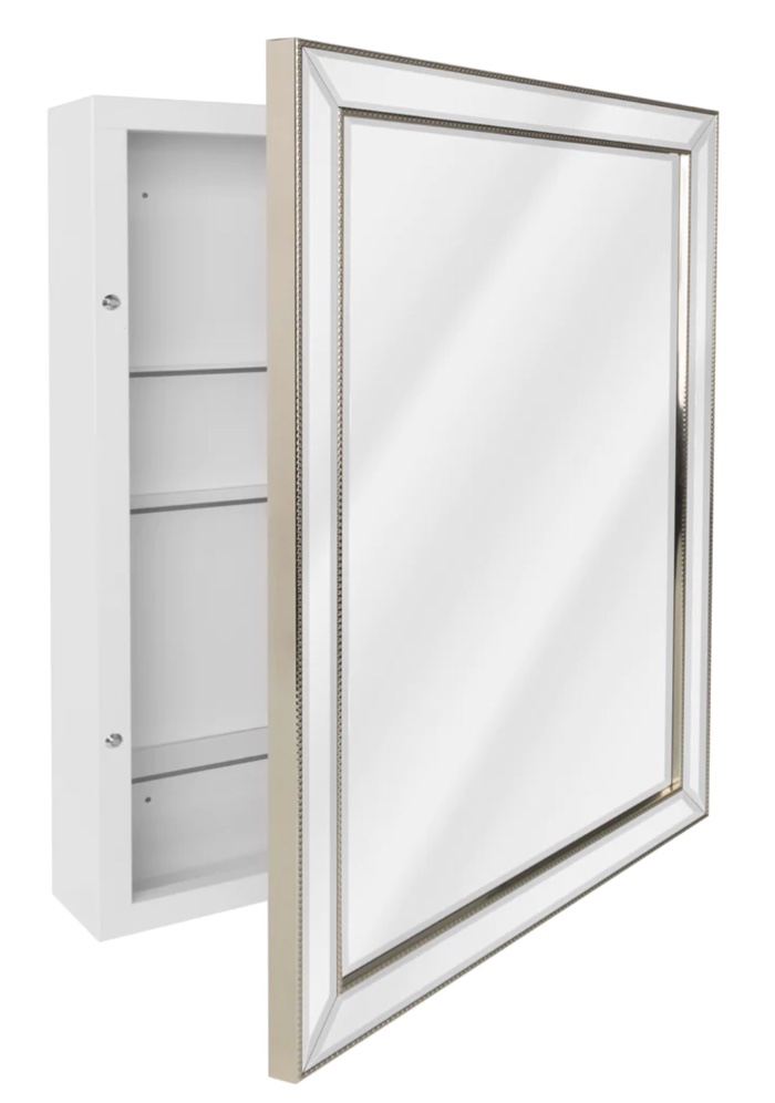 Champagne Silver Beaded Framed Medicine Cabinet Wall Mirror