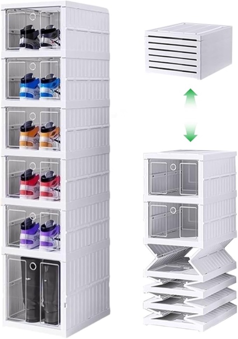 Daelala 6 Pack Shoe Organizer, Clear Plastic Shoe Storage, Foldable Space-Saving Shoe Rack for Sneaker Boot Container, Sturdy Easy Assembly