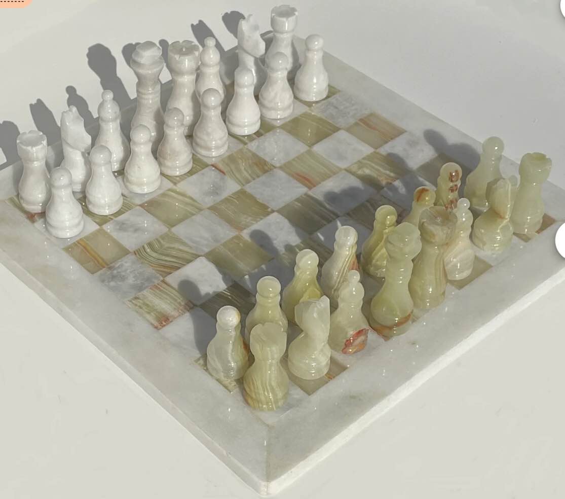 Handcrafted Green Onyx and White Marble Chessboard Set