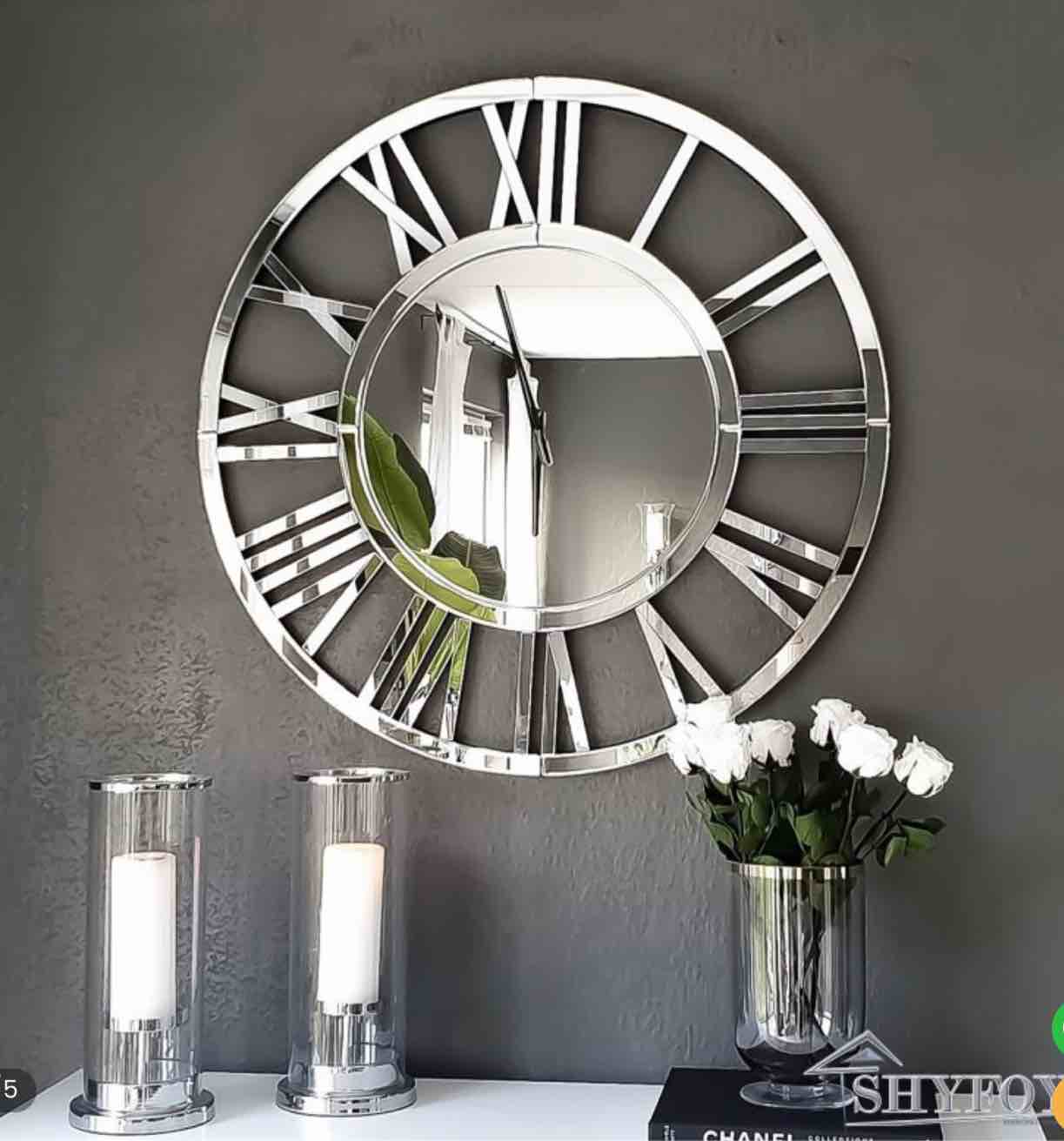 SHYFOY Large Silver Mirrored Wall Clock, Glass Surface Round Roman Numerals Clocks, Mirror Wall Art for Home Decorative 80cm / SF-MC019 