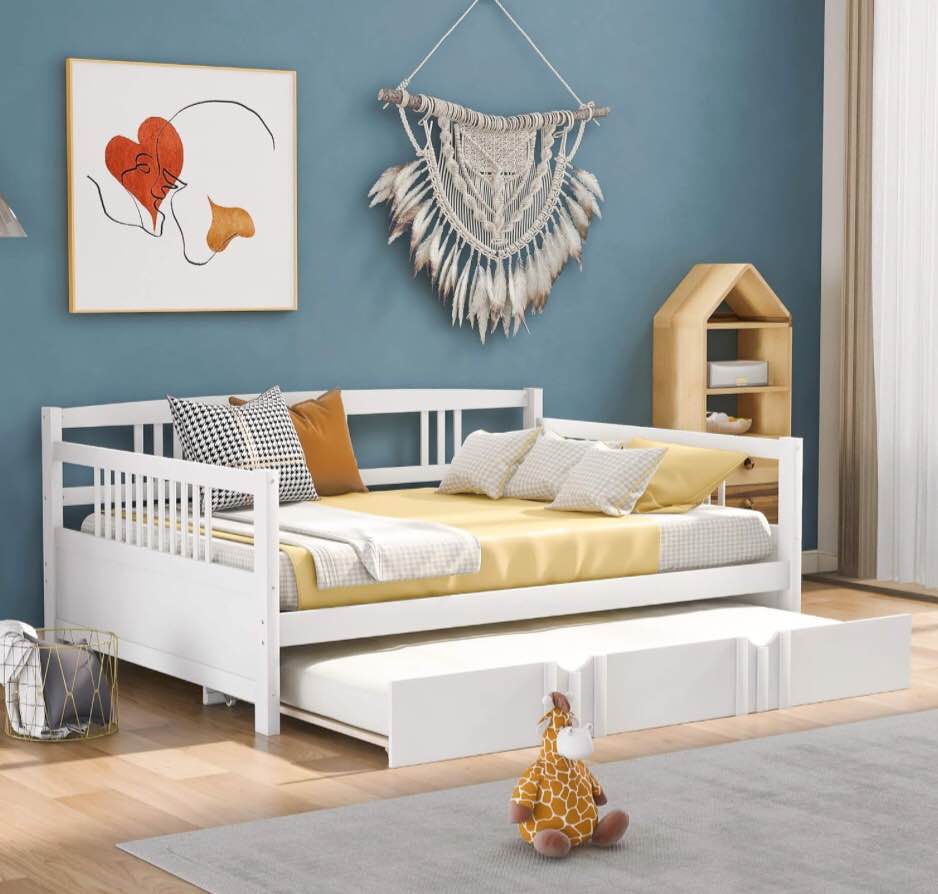 Harper & Bright Designs Full Daybed with Twin Size Trundle, Wood Full Size Bed Frame with Rails in Three Sides, Full Sofa Bed for Living Room, Bedroom, No Box Spring Needed (Full, White) (Incomplete) box 1/2 only
