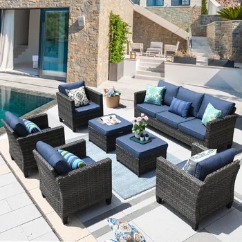 Wicker/Rattan 5 - Person Seating Group With Blue Cushions Box 1