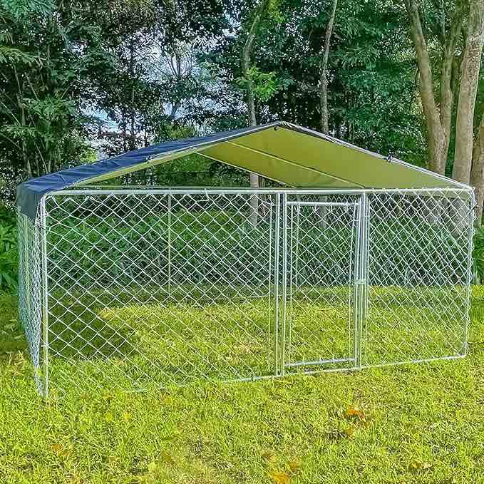 Jansaimei Large Outdoor Dog Kennel with Roof, Heavy Duty Metal Dog Fence, Walk-in Dog Playpens with Waterproof Cover, Dog Kennel with Anti Ultraviolet Cover for Yard, 9.84'L x 9.84'W x 5.57'H