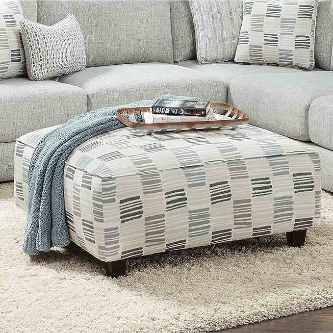 Farmhouse Grey Chenille Cocktail Ottoman Beige Multi Color White Plaid Modern Contemporary Transitional Pattern Square Fabric Wood Finish Included