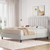 Yaheetech Upholstered Queen Bed with Built-in USB Ports, Beige( incomplete box 1/2)