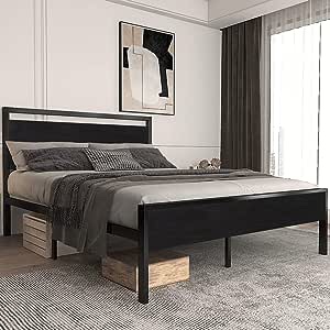 Allewie Queen Size Platform Bed Frame with Wooden Headboard and Footboard, Heavy Duty 12 Metal Slats Support, No Box Spring Needed, Under Bed Storage, Non-Slip, Noise Free, Easy Assembly, Black Oak( incomplete box 1)
