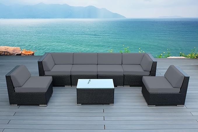 Ohana Collection 7-Piece Outdoor Patio Furniture Sectional Conversation Set, Black Wicker with Gray Cushions - No Assembly with Free Patio Cover( incomplete box 1)