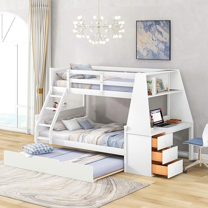 Bunk Beds Twin Over Full Size with Desk, Storage and Trundle, Wood Twin Over Full Bunk Beds with 3 Storage Drawers and one Shelves, No Box Spring Needed (White( incomplete box 2/2)