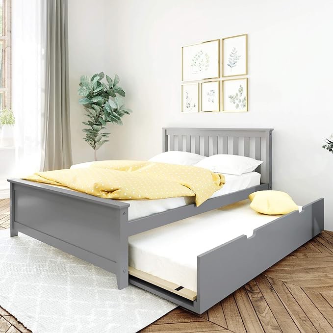 Max & Lily Full Bed, Wood Bed Frame with Headboard For Kids with Trundle, Slatted, Grey( incomplete box 1/2)