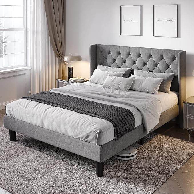 Allewie Queen Size Bed Frame with Button Tufted Wingback Headboard, Modern Upholstered Bed Frame with Solid Wooden Slats Support - No Box Spring Needed, Easy Assembly, Light Grey( incomplete box b)