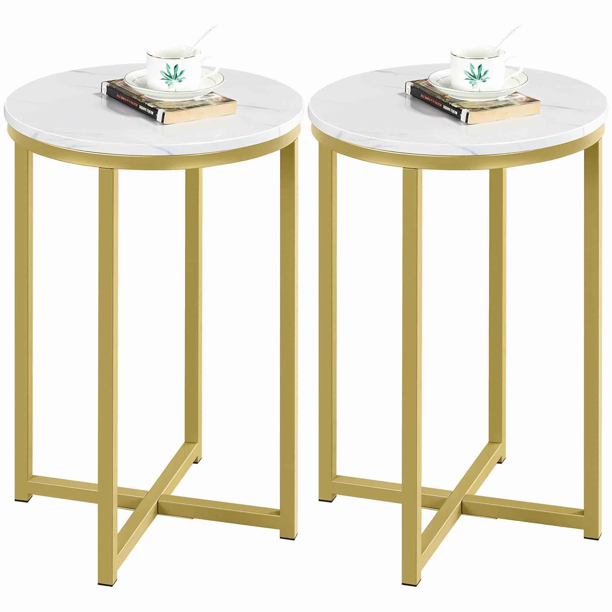 Yaheetech Faux Marble Side Table Set of 2, Round End Table Modern Accent Sofa Side Table w/Sturdy X-Based, Round Tabletop, Sturdy Metal Legs for Living Room/Porch/Office/Small Space, Mustard Gold