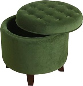 HomePop by Kinfine Fabric Upholstered Round Storage Ottoman - Velvet Button Tufted Ottoman with Removable Lid, Dark Green Small