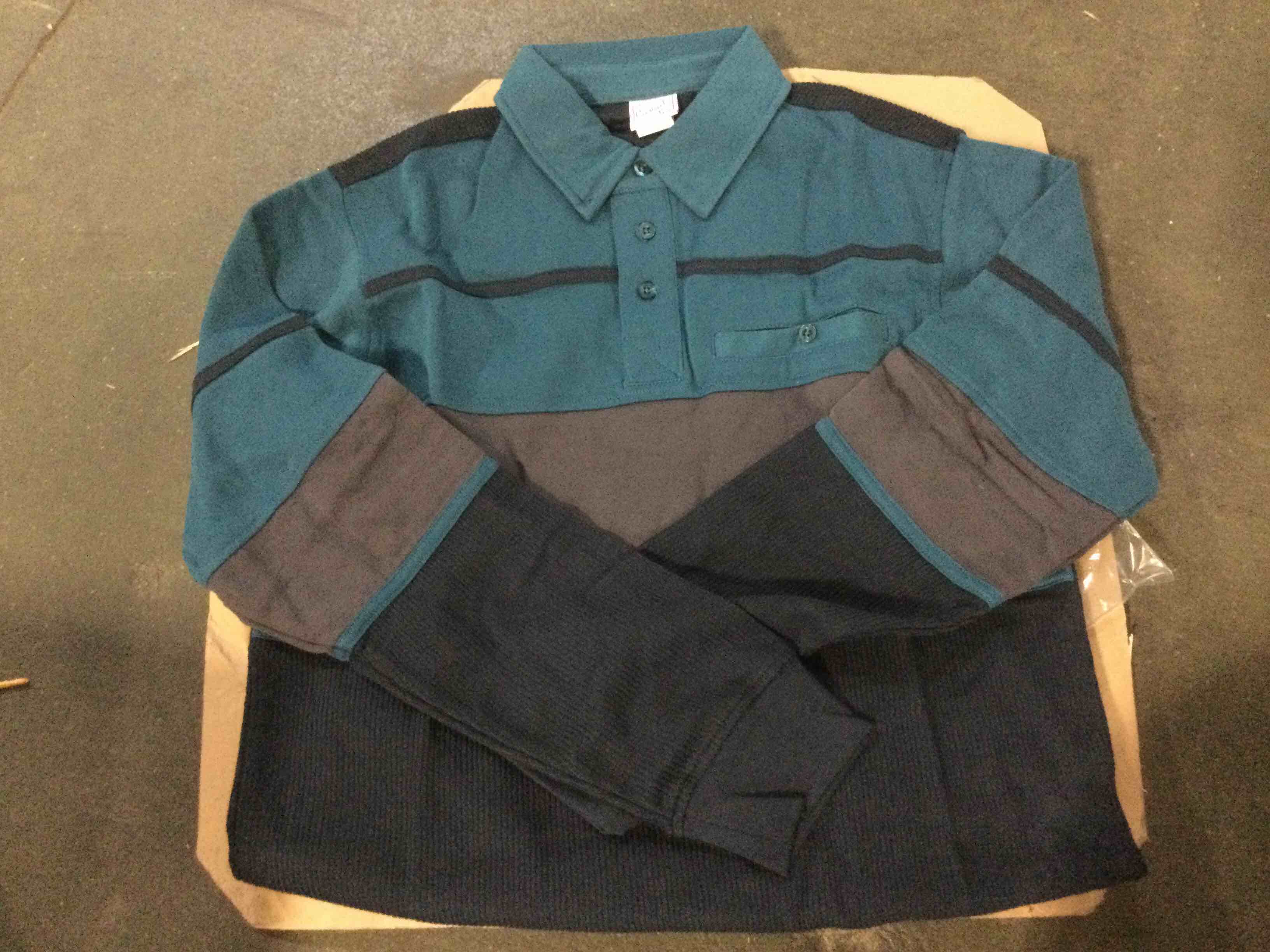Haband Casual Joe Mixed-Knit Long Sleeve Vintage retro Teal/Black Fleece Polo Shirt, Small