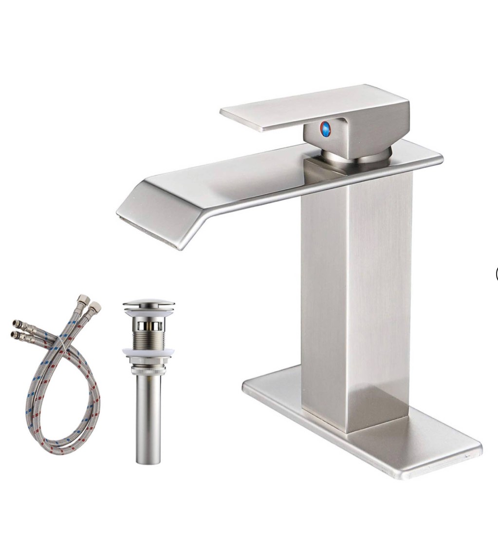 Single-Handle Single-Hole Waterfall Bathroom Sink Faucet with Pop-up Drain Kit and Deckplate Included in Brushed Nickel