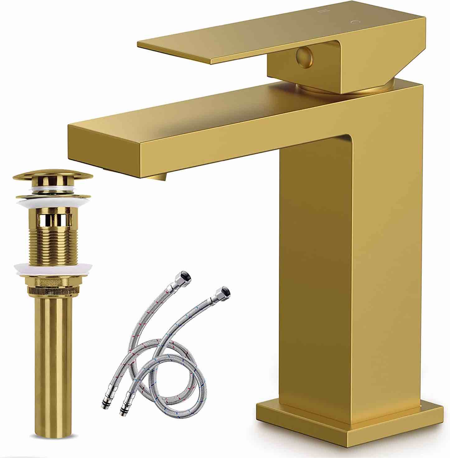 Vonvan Brushed Gold Bathroom Faucet, Brass Bathroom Faucets for Sink 1 Hole, Single Hole Gold Faucet for Bathroom Sink, Lead-Free Vanity Faucets with Pop-up Drain and Water Supply Hoses