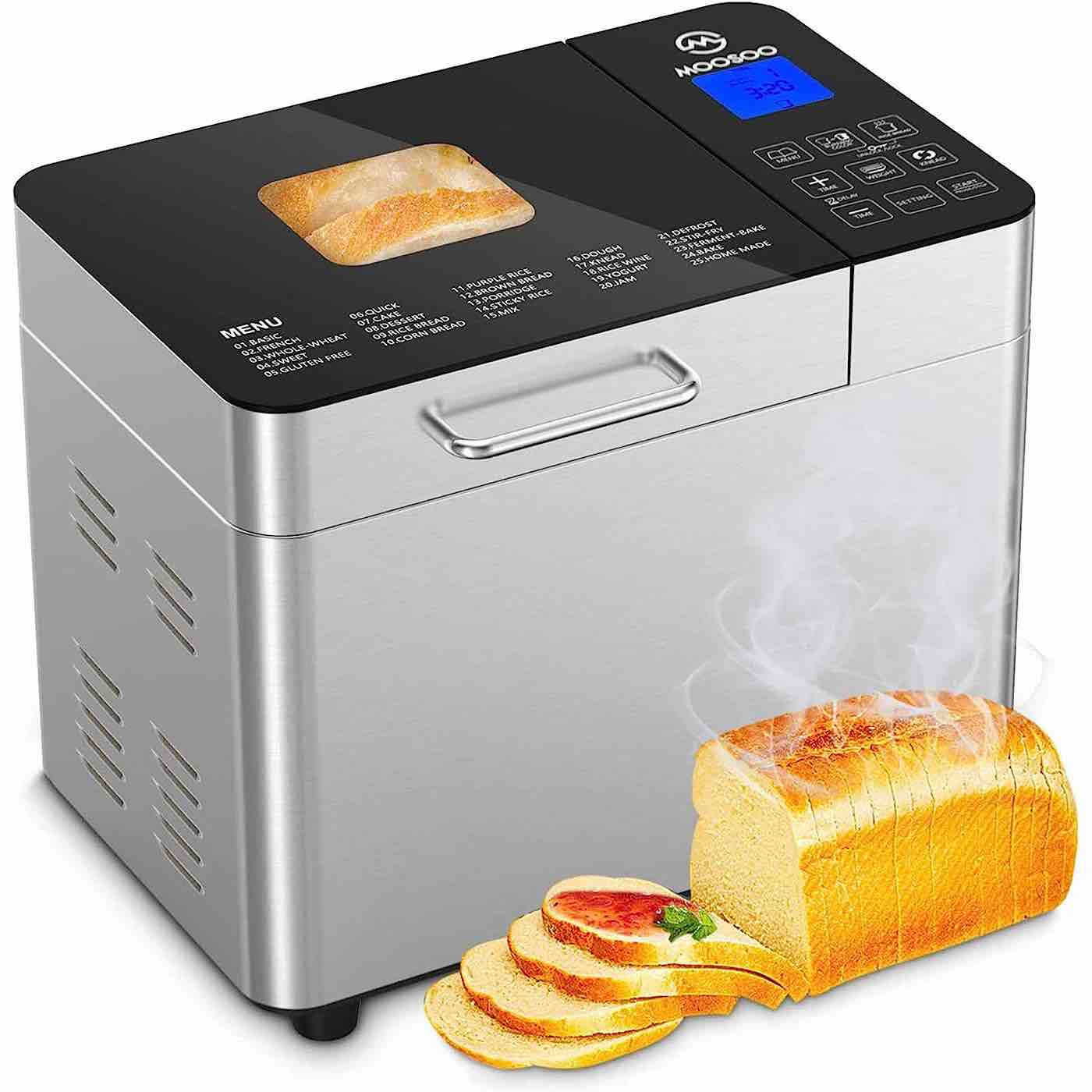 MOOSOO 25-in-1 Bread Machine, 2LB Stainless Steel Programmable Bread Maker Machine, Nonstick Ceramic Pan Easy Clean, Digital Touch Panel, 3 Loaf Sizes(1LB, 1.5LB, 2LB), 15H Reserve, 1H Keep Warm
