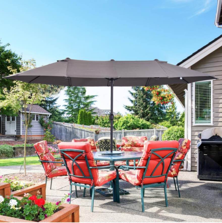 15 ft. x 9 ft. Grey Steel Rectangular Outdoor Double Sided Market Patio Umbrella with UV Sun Protection and Easy Crank