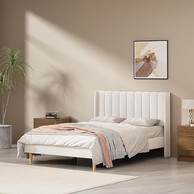 QNZK Bed Frame Upholstered Platform with Headboard and Strong Wooden Slats, No Box Spring Needed, Noiseless Wood Foot Easy Assemble (Cream, king