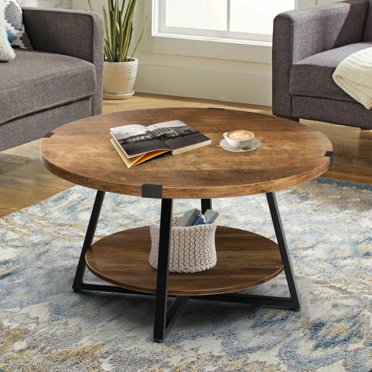 Rustic Oak Jahaira Round Coffee Table with 2-Tier Storage Shelves