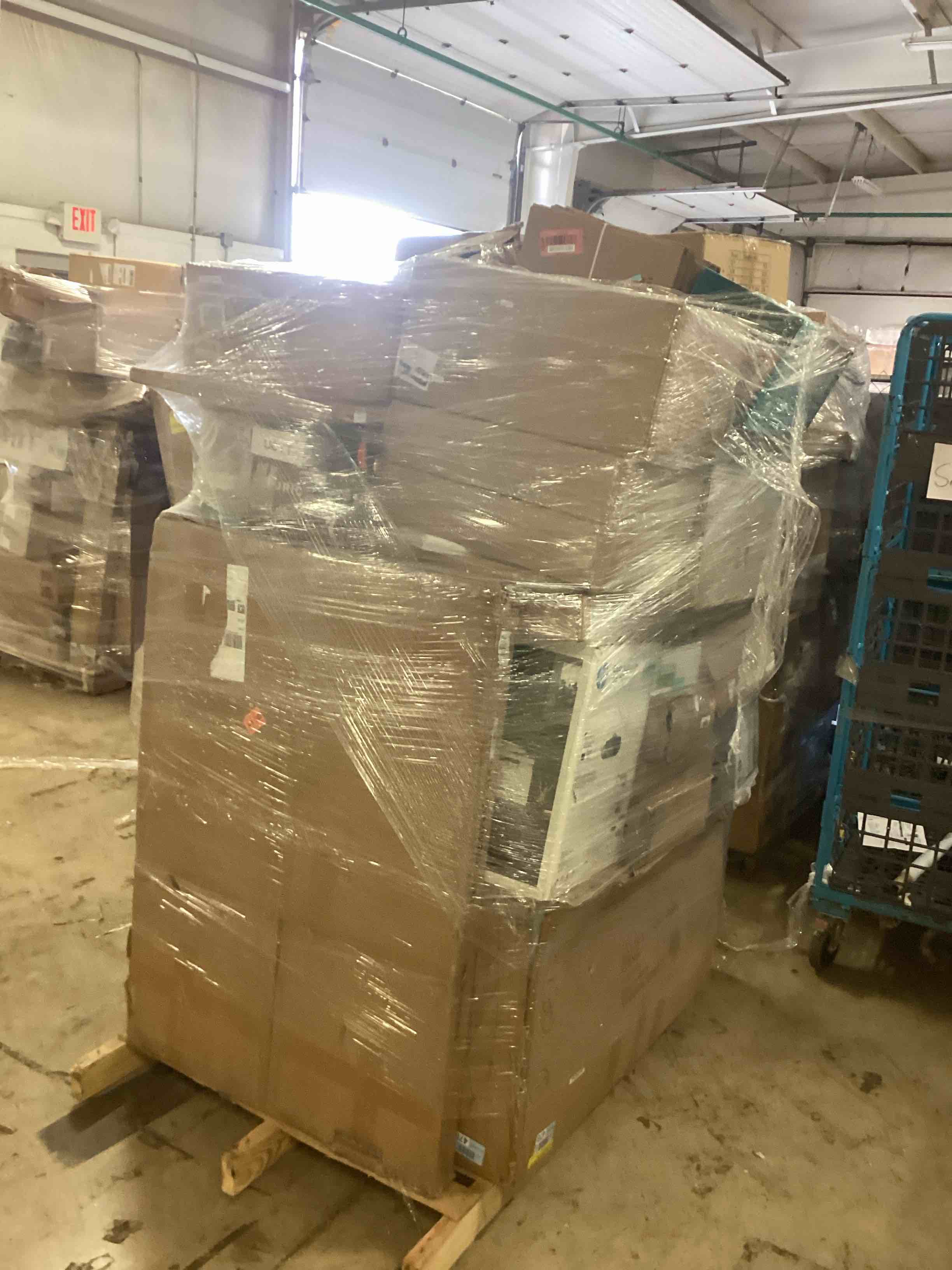 Pallet Lot of Assorted Home Goods. Printer, Ice Machine, Fans, and More.