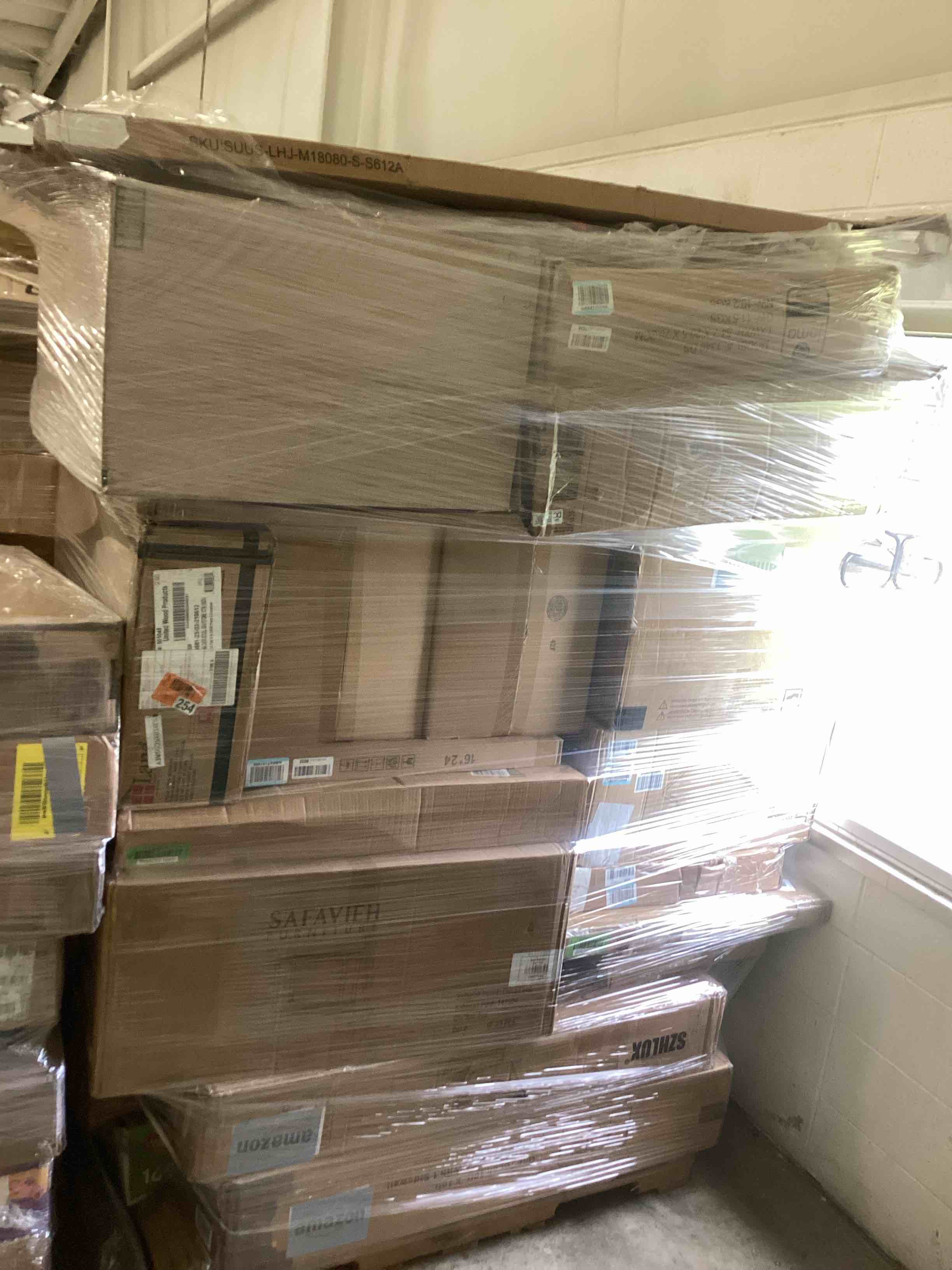 Pallet Lot of Assorted Furniture Components, Canopy, Hammock Stand, Console Table, and More.