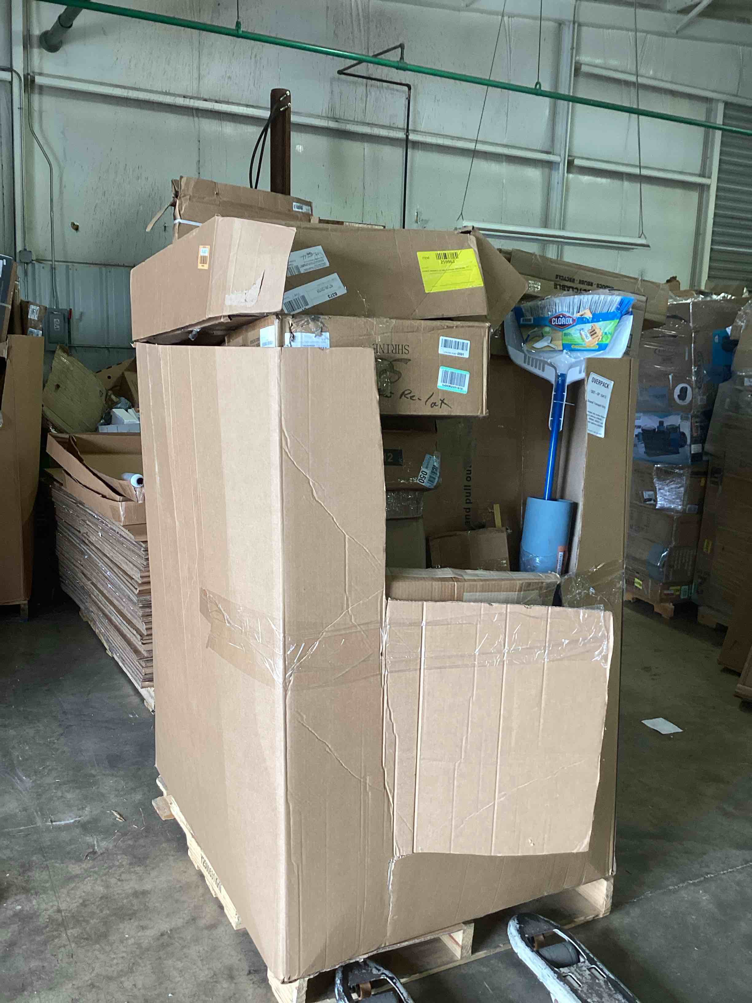 Pallet Lot of Assorted Home Goods. Chair, Broom, Yoga Mat, and More.