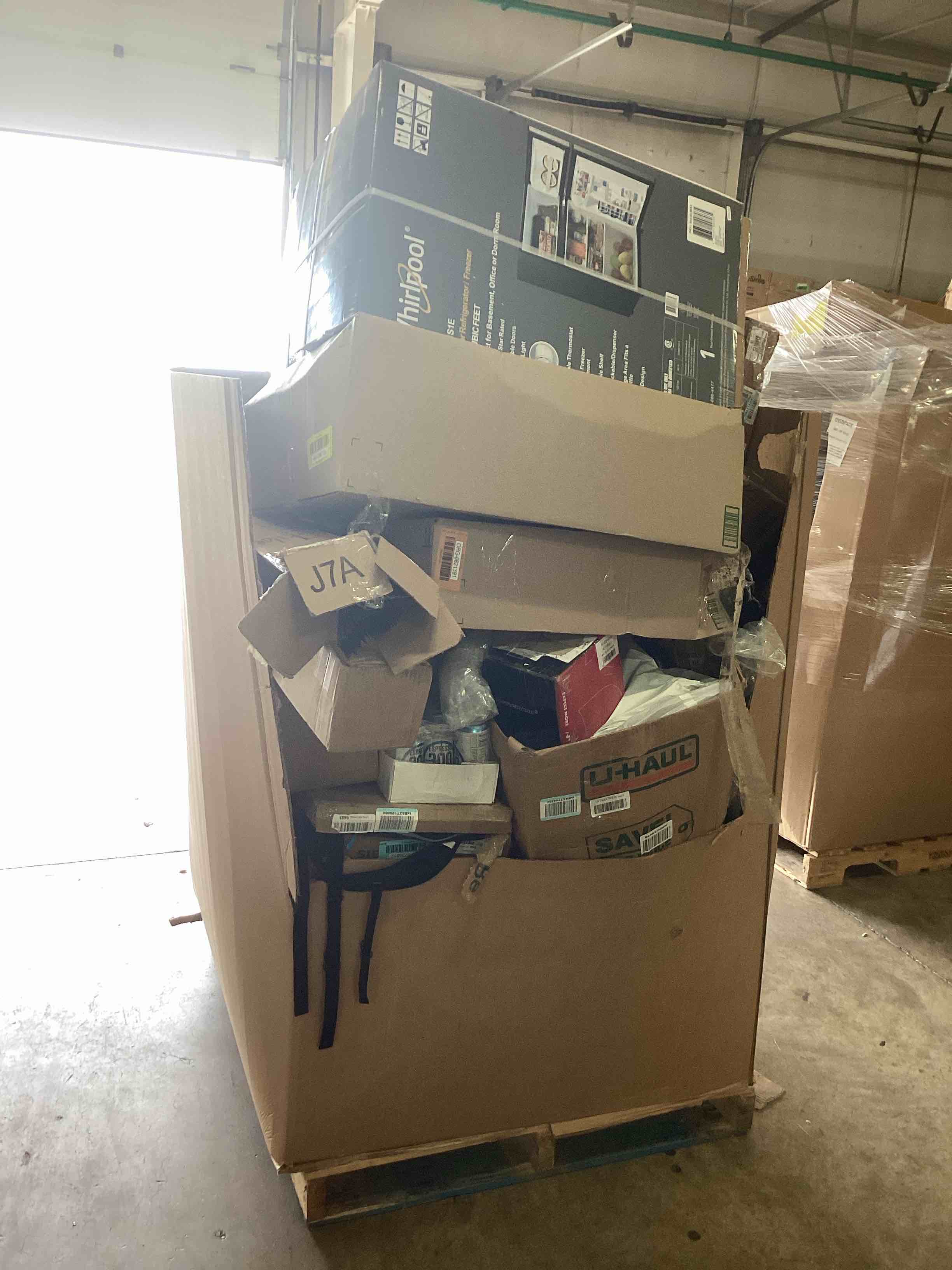 Pallet Lot of Assorted Home Goods, Fridge, Coffee, Rug, and More.
