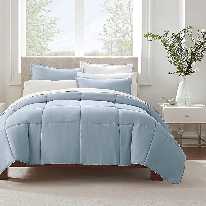 SERTA Simply Clean Ultra Soft Hypoallergenic Solid 2 Piece Comforter Set, Twin XL, Light blue 