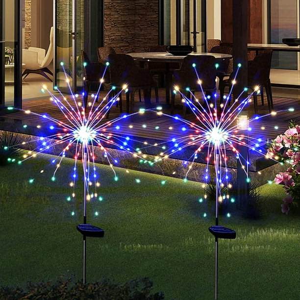 Solarera 2 Pack Outdoor Solar Garden Light Firework Lights 120 LED Waterproof Garden Decor Lights for Patio Multicolor 4th of July Decorations