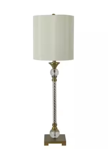 Decor Therapy Brushed Brass and Clear Acrylic Rotary Socket Buffet Table Lamp with Silk Shade