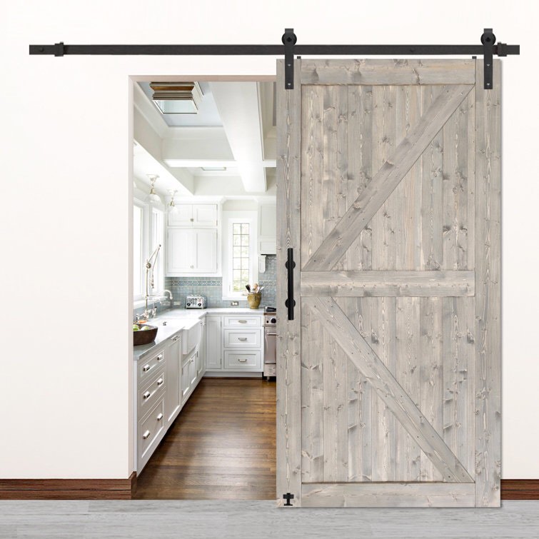 Gray Paneled Wood/Metal Barn Door with Installation Hardware Kit 84" Height