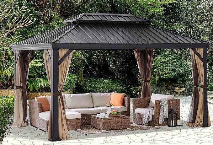 Barton 10' x 14' feet Outdoor Hardtop Gazebo Canopy Curtains Aluminum with Mesh Net Curtains Mosquito Netting (Beige)(Box 2 of 3) INCOMPLETE