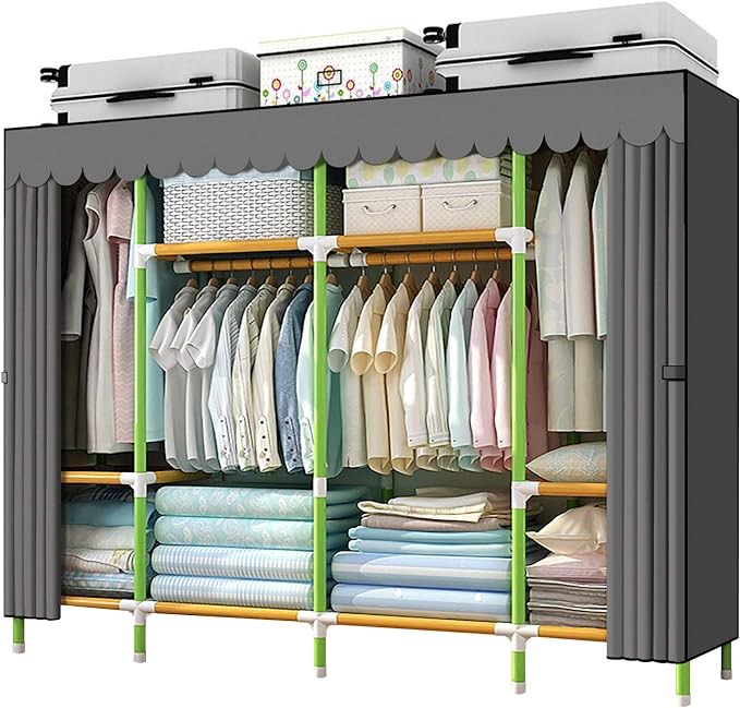 YOUUD Portable Closet 79 Inches Portable Wardrobe Closet for Hanging Clothes with 4 Handing Rods 25mm Colored Iron Tube and Grey Cover, Clothes Storage Organizer Extra Sturdy, Strong and Durable