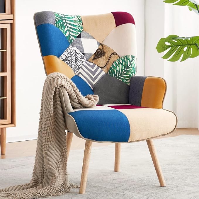 Bafode Accent Chair, Arm Chair for Living Room, Wingback Reading Chair with Arms Upholstered Tall Back, Boho Patchwork Lounge Chair for Bedroom, Office or Balcony (Colorful)