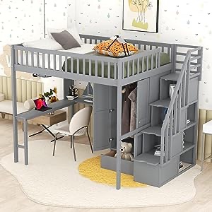 Harper & Bright Designs Full Loft Bed with Stairs and Wardrobe, Wooden Full Size Loft Bed with Desk Underneath (Incomplete Box 3/3)