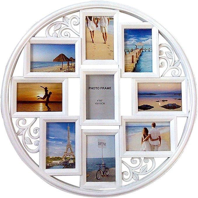 MKUN 4x6 Wall Collage Picture Frames - Round Circular Wall hanging Picture Photo Collage Frame with leaf decoration, 9- Opening (White)