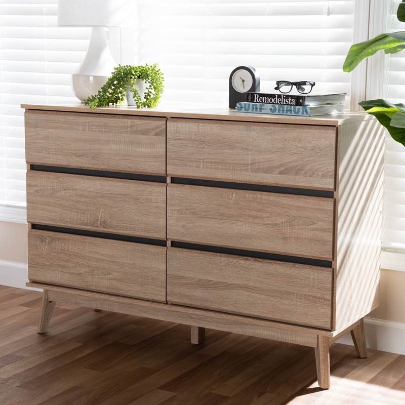 Baxton Studio SECOD5015-Hana Oak/Dark Grey-6DW-Dresser Miren 47 1/4 Inch Mid-Century Modern 6-Drawer Dresser - Light Oak and Dark Grey (Incomplete, Box 2 only)