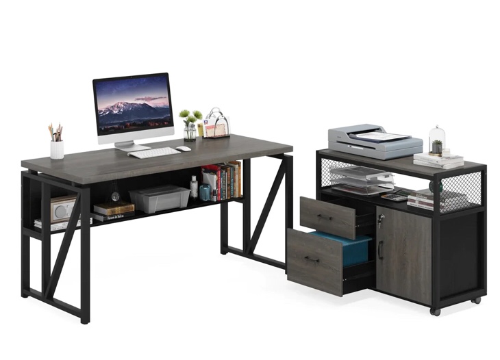 L-Shaped Desk Set, 55" Executive Desk and 32" File Cabinet (Incomplete Box A)