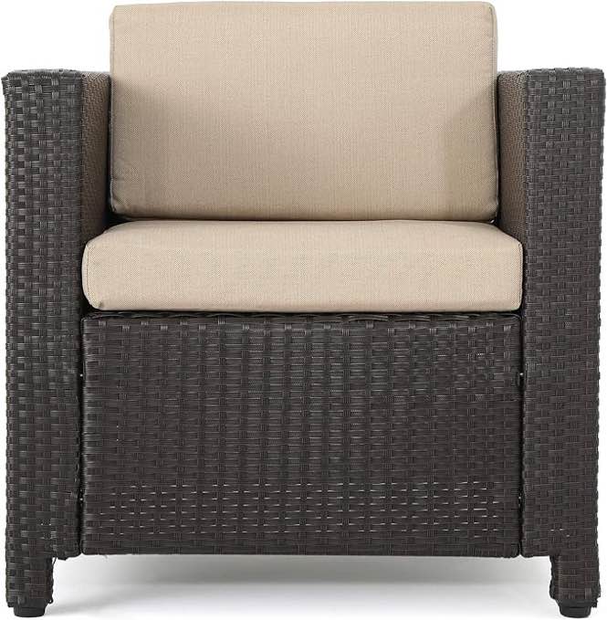 Outdoor Wicker Club Chair with Water Resistant Cushions, Dark Brown / Beige (similar to stock photo)