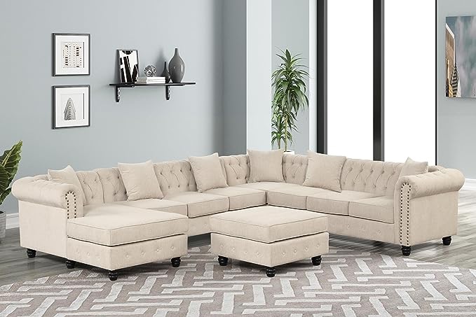 Morden Fort Chesterfield Modular Convertible Sectional U-Shape Polyester Fabric Sofa with Chaise Accent Tufted Couch for Living Room Furniture Set (Incomplete-ottoman only)