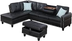 Devion Furniture Faux Leather Sectional Sofa with Ottoman in Black (Pillows Included)(Incomplete Box 2/3)