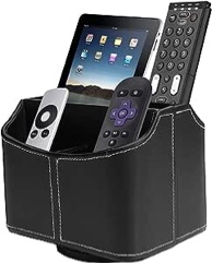 Avecell Rotating Remote Control Holder with 5 Compartments - Rotating PU Leather Remote Control Caddy Desktop Organizer for TV, DVD, Blu-Ray, Media Player, Heating Control, Black