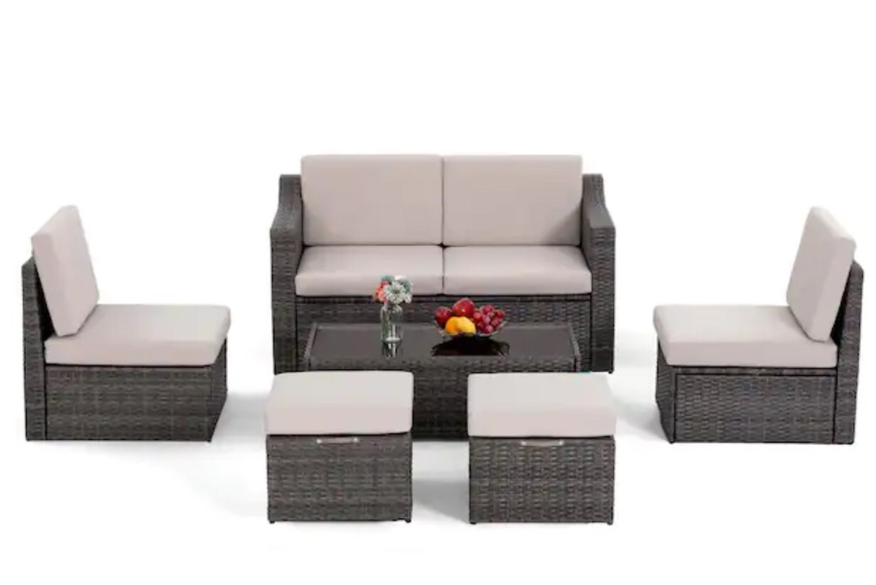 HAPPATIO 6-Piece Rattan Patio Sectional Sofa with Grey/Beige Cushions/ HPO-SF-B2, incomplete sofa 