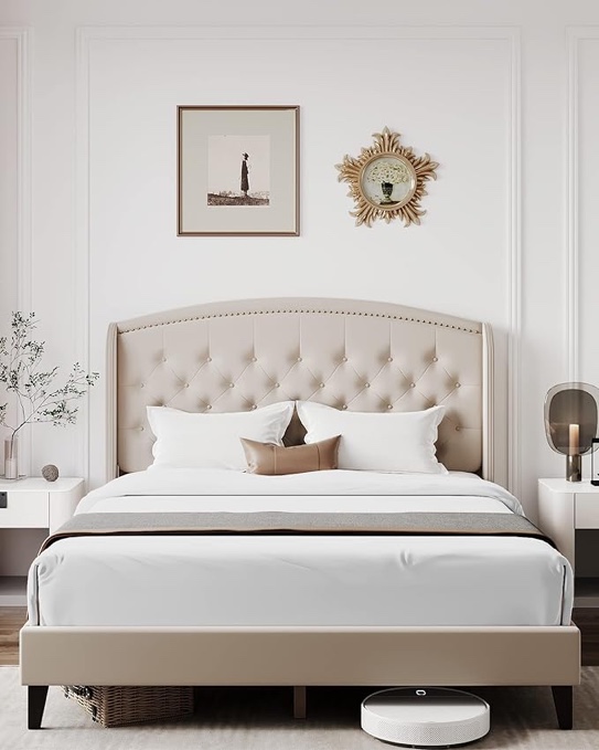 Homhougo King Size Bed Frame, Upholstered Platform Bed with Wingback Headboard, Heavy Duty Button Tufted Bed Frame with Wood Slat Support, Easy Assembly, No Box Spring Needed, Off White