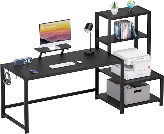 GreenForest Computer Desk 68.8 inch with Storage Printer Shelf, Reversible Home Office Desk Large Study Writing Table with Movable Monitor Stand and 2 Headphone Hooks for PC Gaming Working, Black