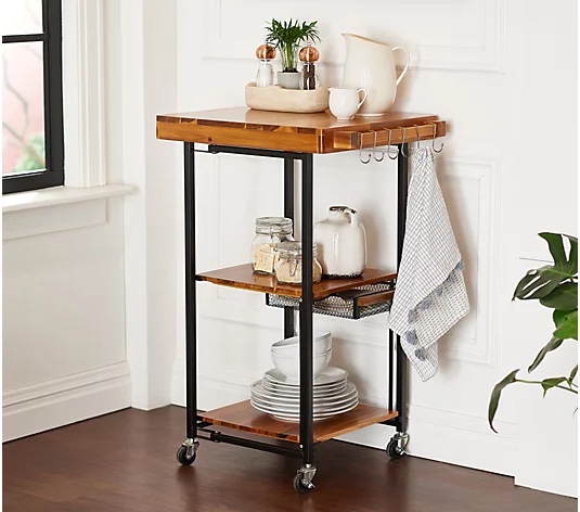 Oasis Acacia Wood Rectangular Folding Kitchen Cart w/ Drawer, Natural